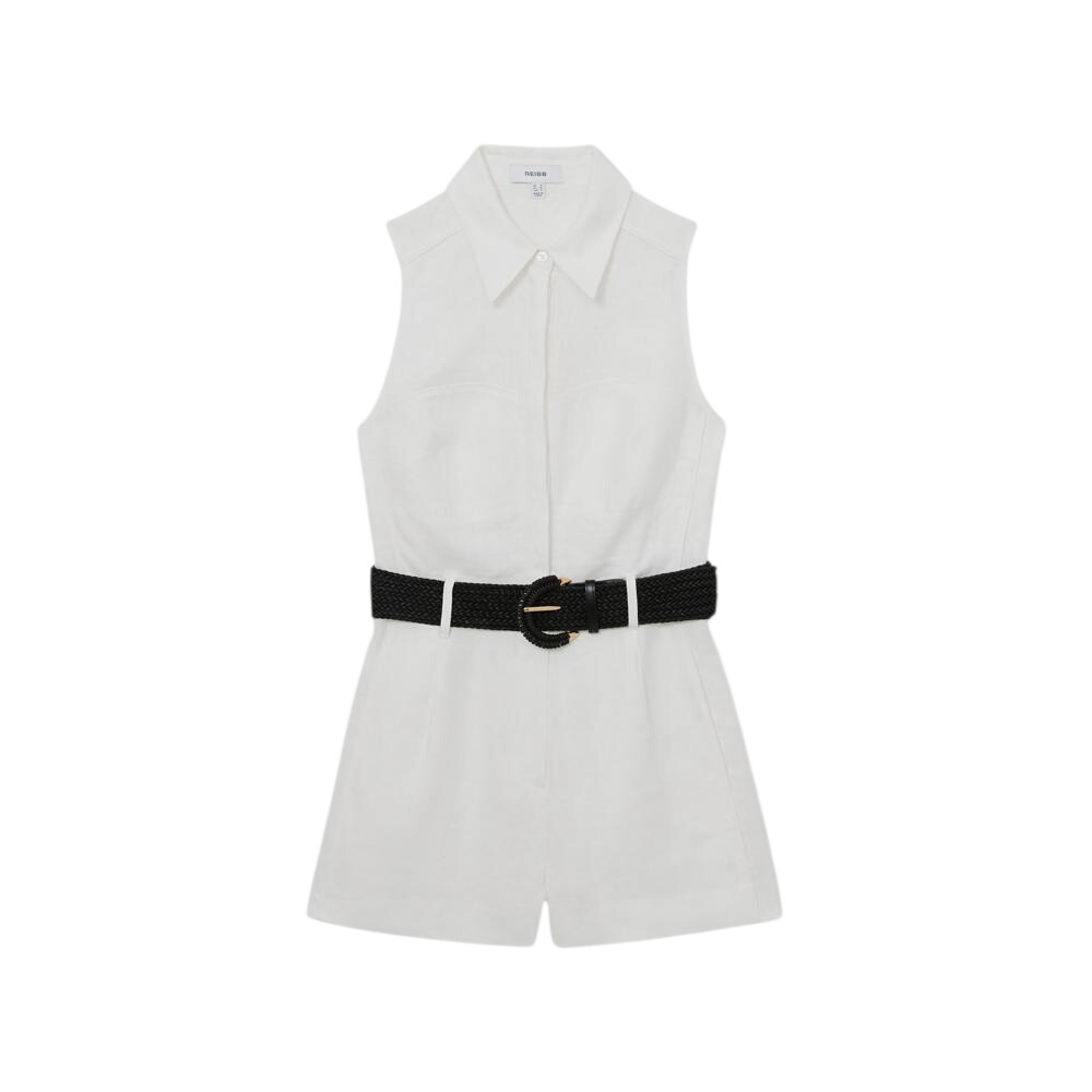 REISS Taylor Linen Sleeveless Belted Playsuit